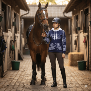 A rider in stylish equestrian apparel stands beside a well-groomed horse in a stable, showcasing JSM Equestrian Supplies. The rider wears a comfortable hoodie and fitted riding pants, emphasizing quality equestrian gear for horse enthusiasts. This image captures the bond between horse and rider, highlighting the importance of proper equestrian equipment. Perfect for showcasing JSM's premium riding attire and accessories.
