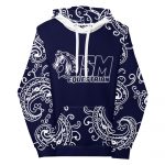 Navy blue equestrian hoodie featuring a stylish paisley design and the JSM Equestrian Supplies logo, perfect for horse riding enthusiasts. Ideal for casual wear at the stables or competitions, this cozy hoodie combines comfort with a passion for equestrian sports.