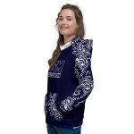 Stylish navy hoodie featuring JSM Equestrian logo and intricate white design, perfect for equestrian enthusiasts. Ideal for riding, training, and casual wear, this hoodie combines comfort and fashion for horse lovers. Shop quality equestrian apparel at JSM Equestrian Supplies.