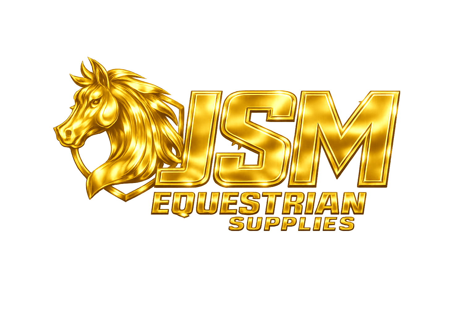 Golden logo of JSM Equestrian Supplies featuring a lion's head, representing high-quality equestrian products and services.
