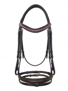 Joji Equestrian horse bridle with Red Swarovski Browband & Full-Length Reins
